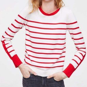 Ann Taylor LOFT Women's Cotton Red/White Striped Sweater with Button-Up Sleeves